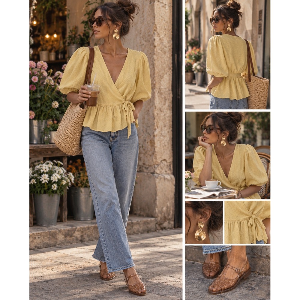 GiGiO romantic butter tie peplum cottagecore bohemian feminine cotton small euc